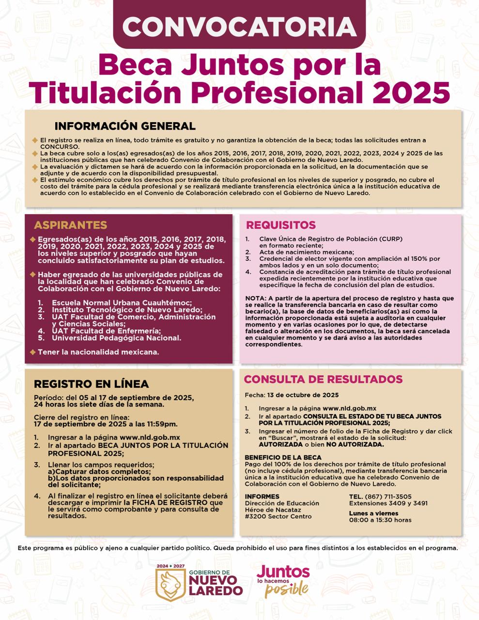 LANZA GOBIERNO MUNICIPAL CONVOCATORIA PARA LA BECA “JUNTOS POR LA TITULACIÓN PROFESIONAL 2025